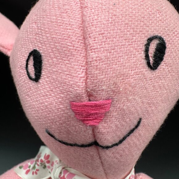 Handmade Pink Stuffed Bunny Rabbit Plush Animal Kitschy Cottage Vintage Floral - Picture 5 of 8
